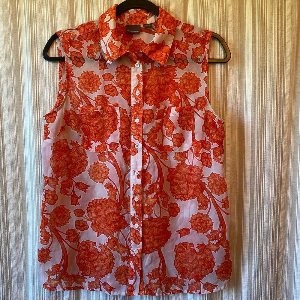Sleeveless Orange Floral Button-Front Women's Top